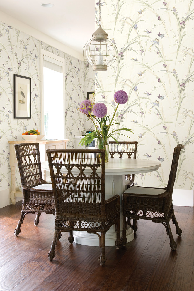 Example of a transitional dark wood floor dining room design in Boston with multicolored walls