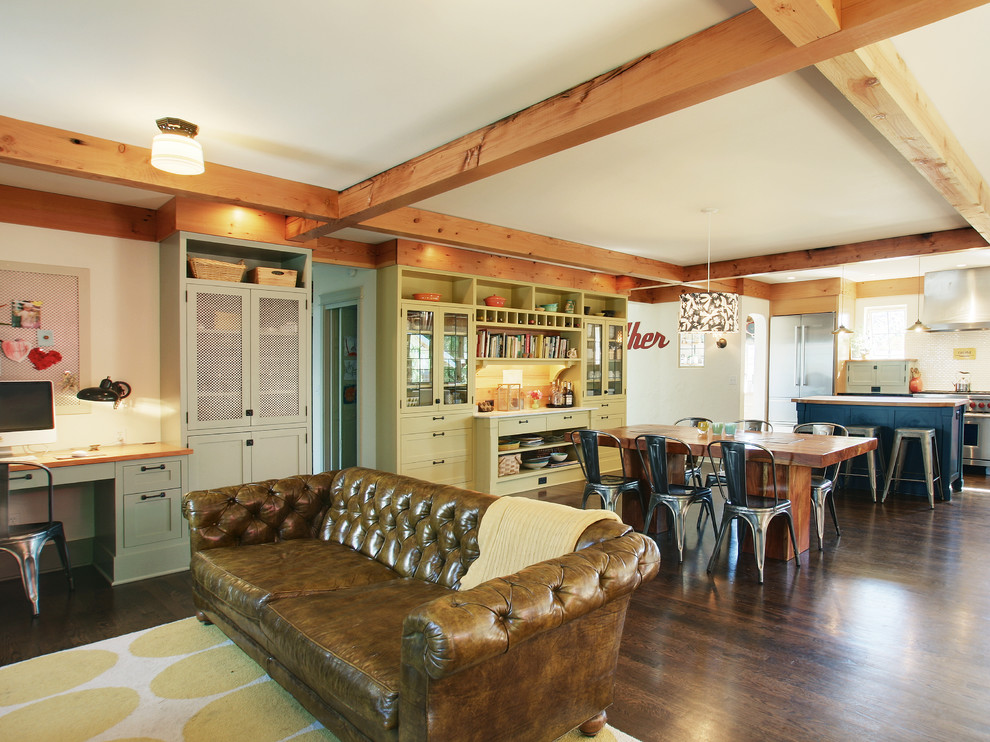 Great room - traditional dark wood floor great room idea in Seattle with white walls