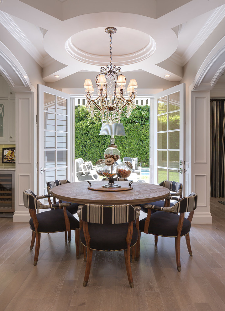 Elegant light wood floor dining room photo in Other with beige walls