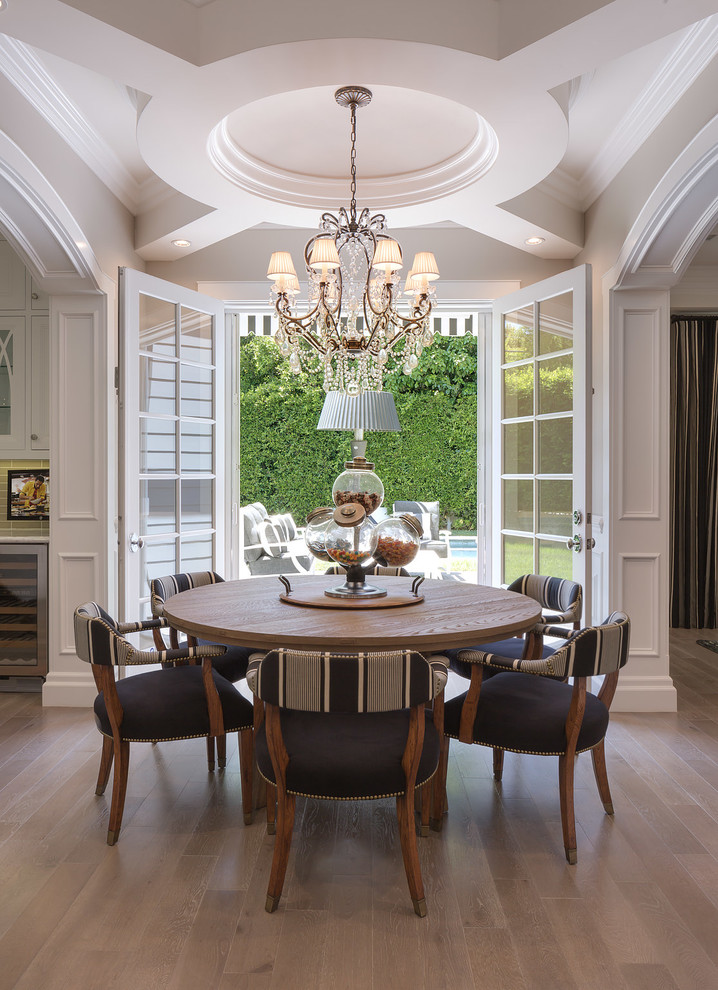 Design ideas for a classic dining room in Other with beige walls and light hardwood flooring.