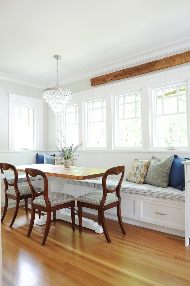 Photo of a traditional dining room in Vancouver with white walls, medium hardwood flooring and brown floors.