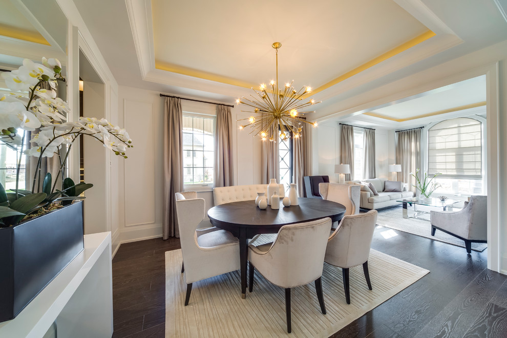 Inspiration for a medium sized traditional dining room in Toronto with white walls, dark hardwood flooring and feature lighting.
