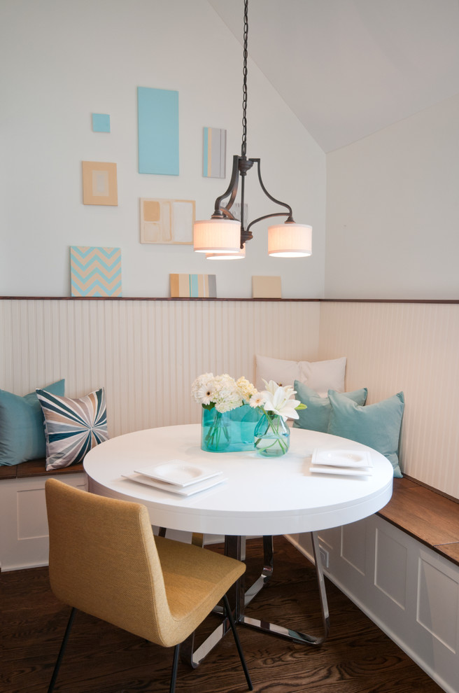 Dining room - transitional dark wood floor dining room idea in San Diego with white walls