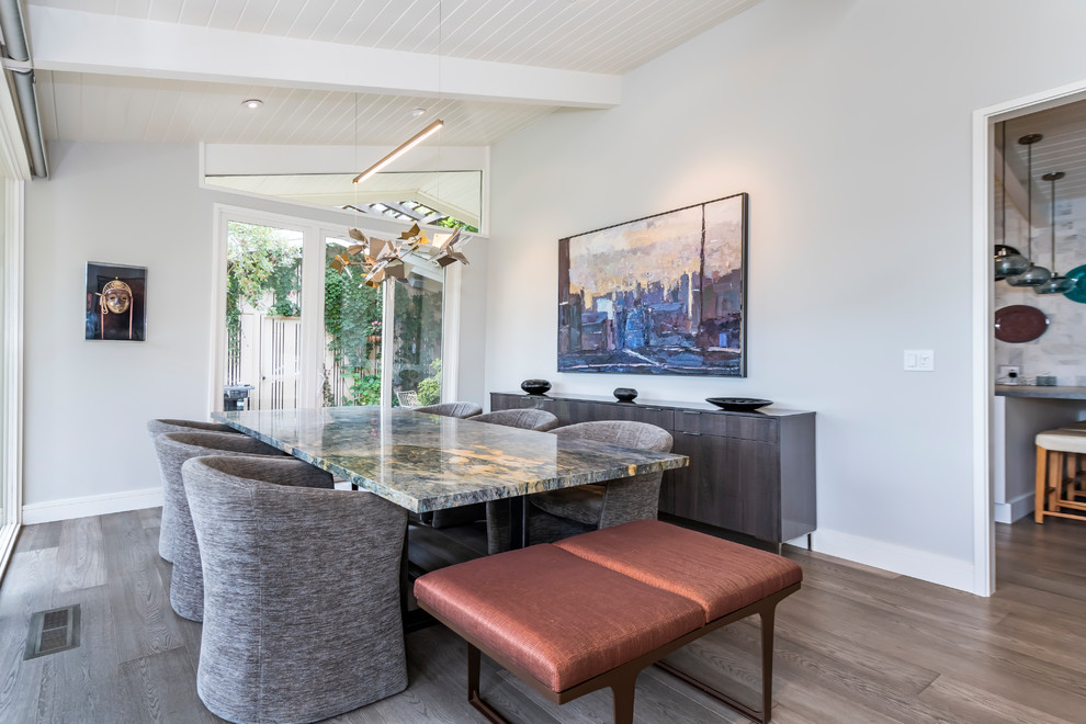 Medium sized contemporary dining room in San Francisco with medium hardwood flooring and brown floors.