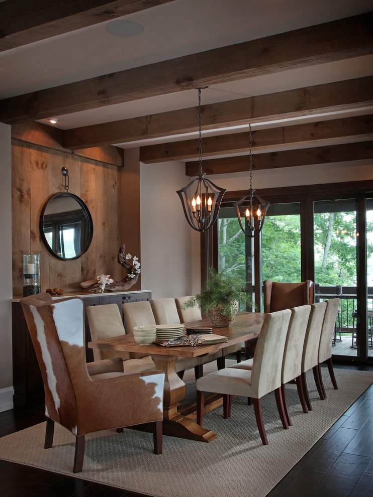 Design ideas for a medium sized rustic dining room in Atlanta with beige walls and dark hardwood flooring.