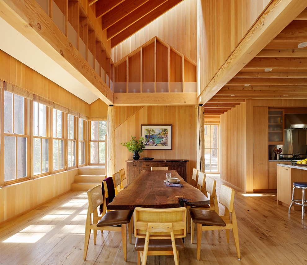 Cette photo montre une salle à manger ouverte sur la cuisine montagne avec parquet clair.