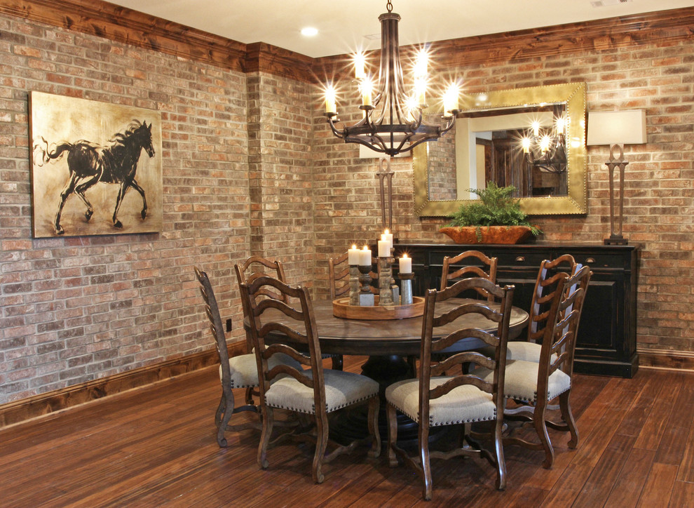 Medium sized rustic open plan dining room in Nashville with brown walls, dark hardwood flooring, no fireplace and brown floors.