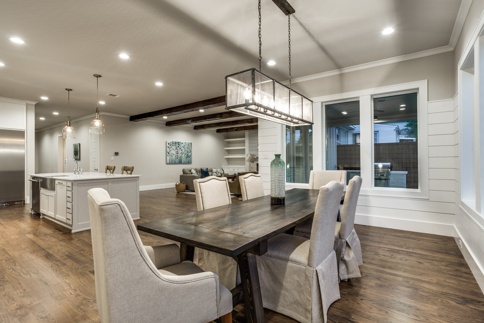 Medium sized rural kitchen/dining room in Dallas with grey walls and dark hardwood flooring.