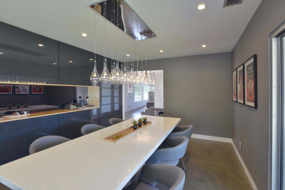 Medium sized modern enclosed dining room in Los Angeles with grey walls, concrete flooring and no fireplace.