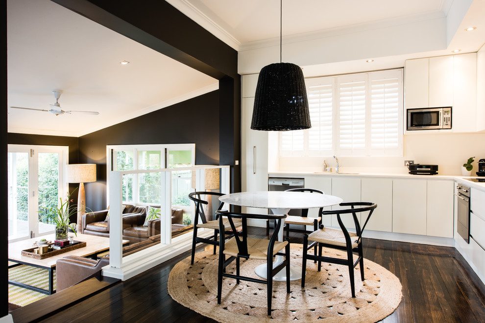 Inspiration for a transitional dark wood floor kitchen/dining room combo remodel in Sydney with white walls