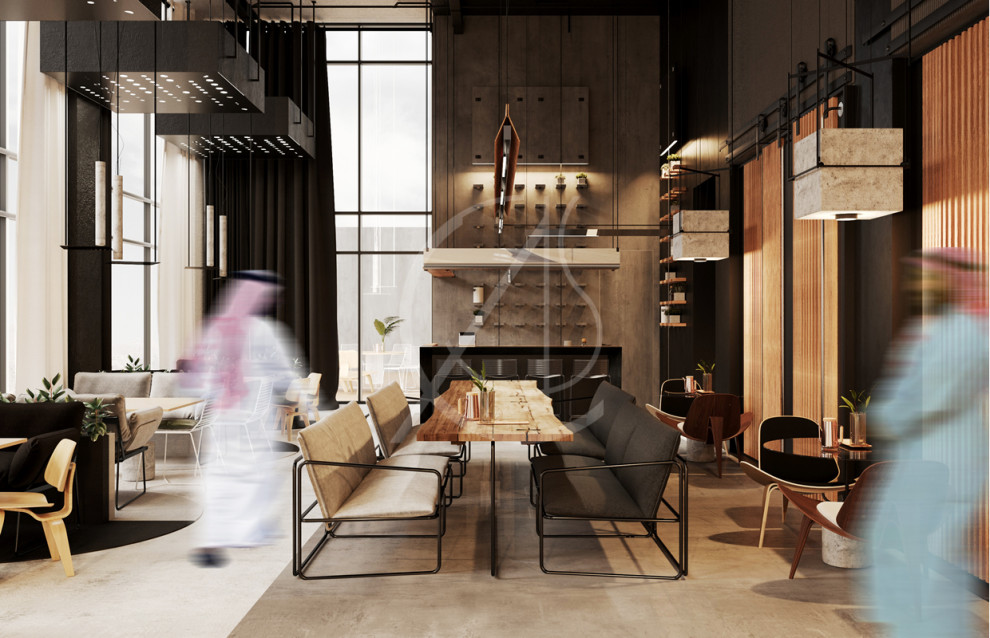 Esempio di una grande sala da pranzo aperta verso il soggiorno minimalista con pavimento in cemento, pavimento grigio e pareti nere