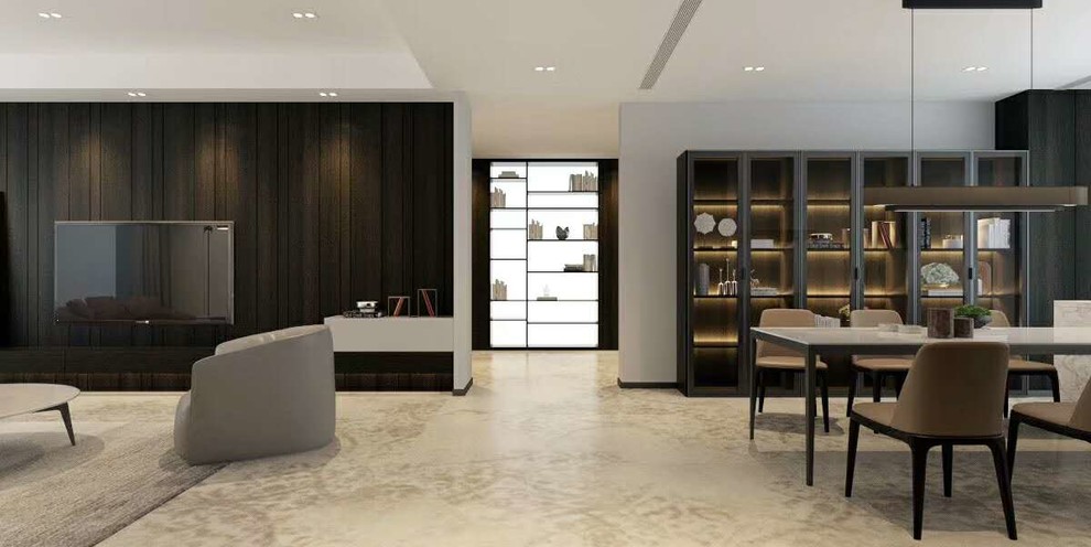 Idée de décoration pour une grande salle à manger ouverte sur le salon design avec un mur gris, un sol en marbre, aucune cheminée et un sol beige.