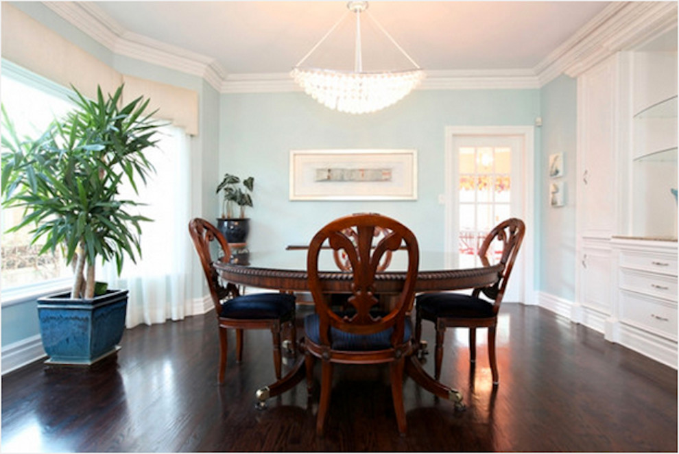 Medium sized bohemian dining room in Toronto with blue walls, dark hardwood flooring, no fireplace and brown floors.