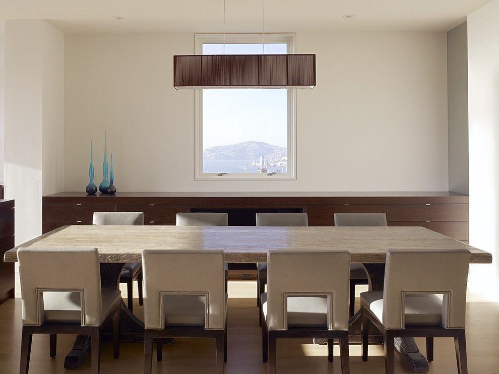 This is an example of a modern dining room in San Francisco with white walls.
