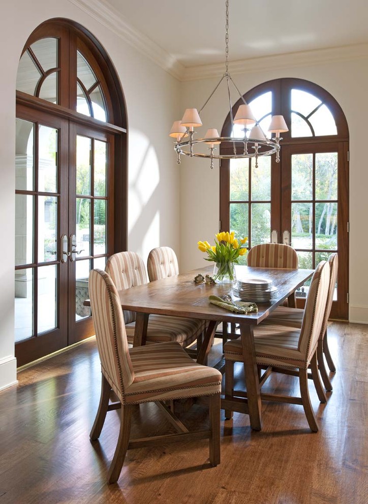 Inspiration for a traditional dining room in Dallas with white walls and dark hardwood flooring.