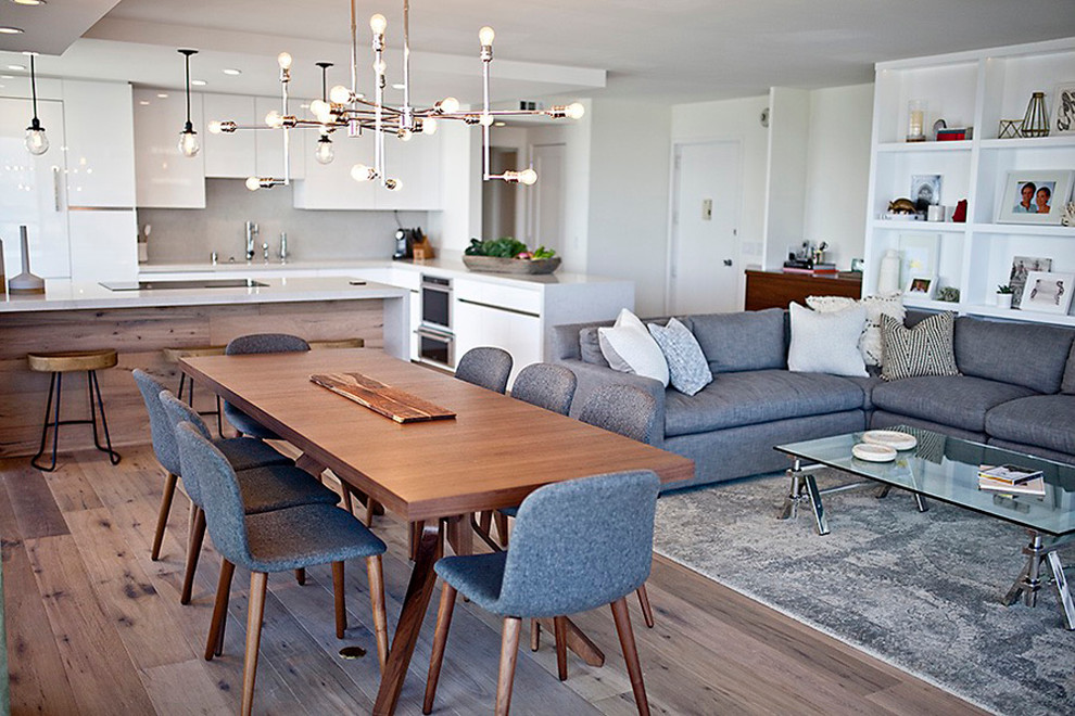 Kitchen/dining room combo - large contemporary light wood floor kitchen/dining room combo idea in San Diego with white walls