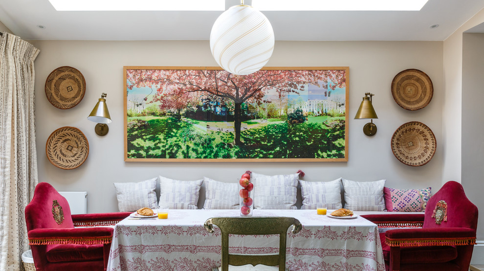 Design ideas for a bohemian dining room in New York with beige walls.