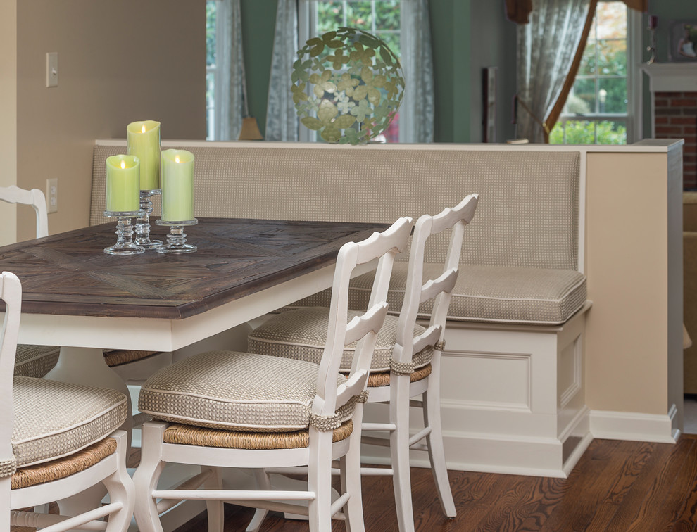 Large transitional medium tone wood floor and brown floor kitchen/dining room combo photo in Baltimore with beige walls and no fireplace