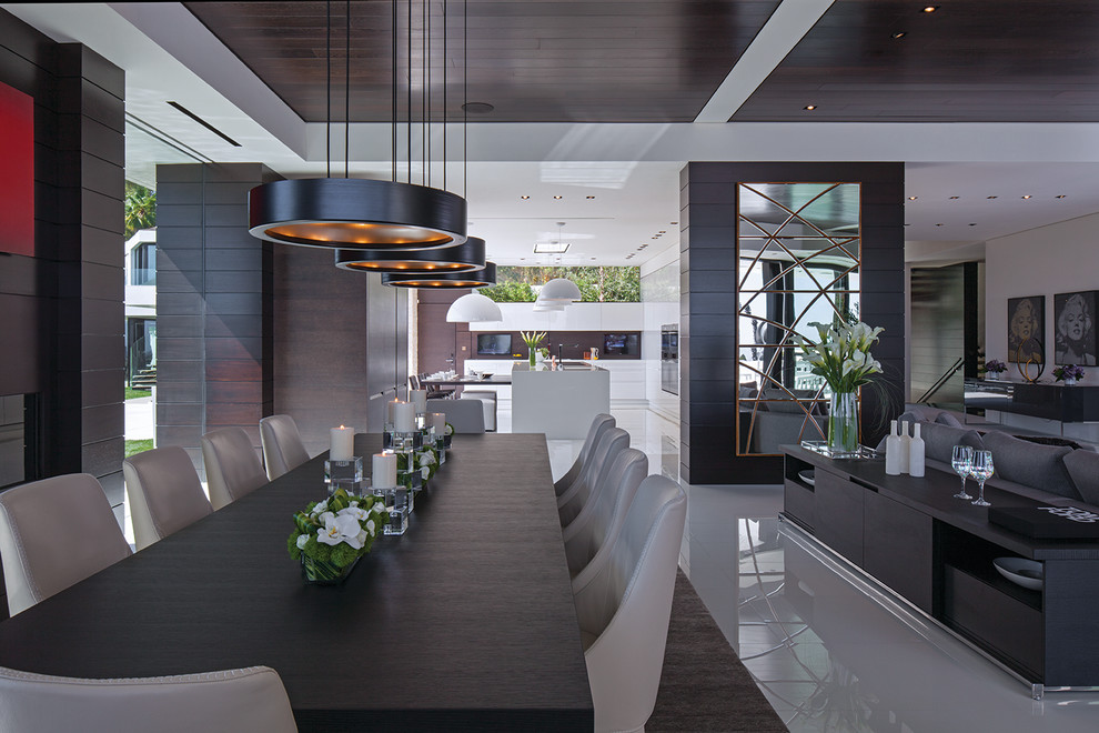 Inspiration for a huge modern white floor and tray ceiling great room remodel in Los Angeles