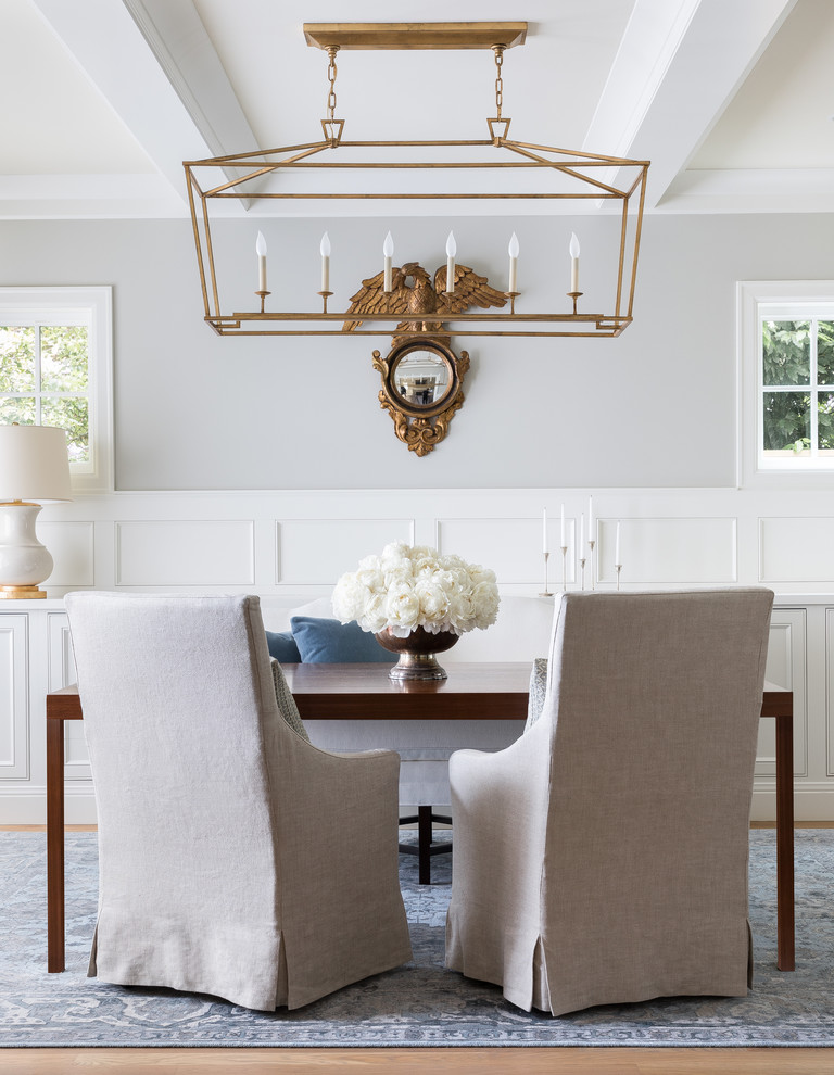 Inspiration for a traditional dining room in Seattle with grey walls, no fireplace and feature lighting.