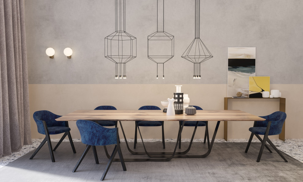 Стильный дизайн: большая кухня-столовая в современном стиле с бежевыми стенами, полом из керамической плитки и разноцветным полом - последний тренд