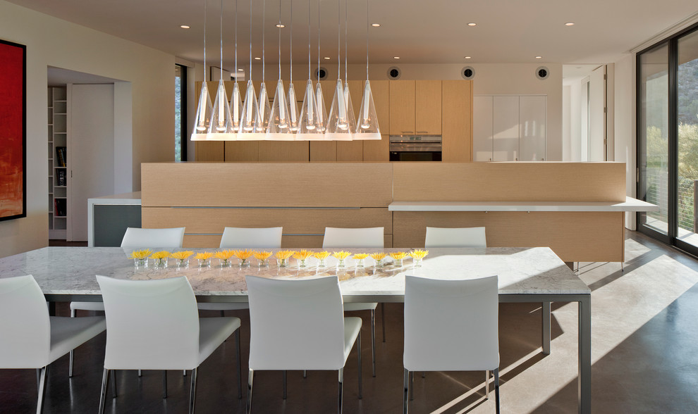 Идея дизайна: столовая в стиле модернизм с бетонным полом