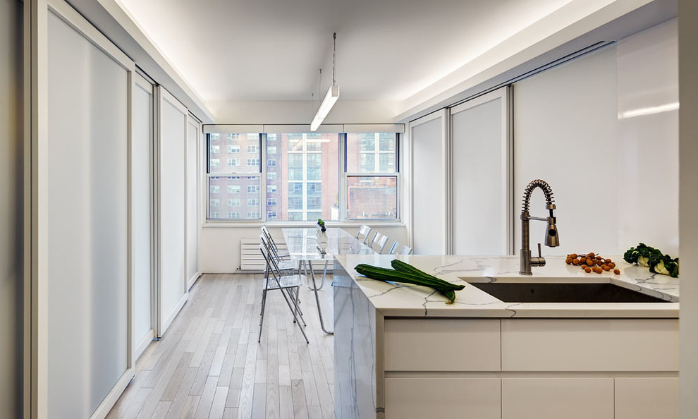 Offenes, Mittelgroßes Modernes Esszimmer mit weißer Wandfarbe und hellem Holzboden in New York