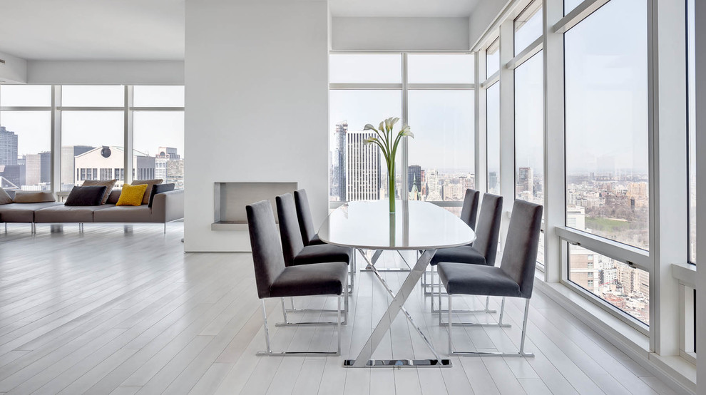 Offenes, Mittelgroßes Modernes Esszimmer mit weißer Wandfarbe, hellem Holzboden, Kamin, verputzter Kaminumrandung und grauem Boden in New York