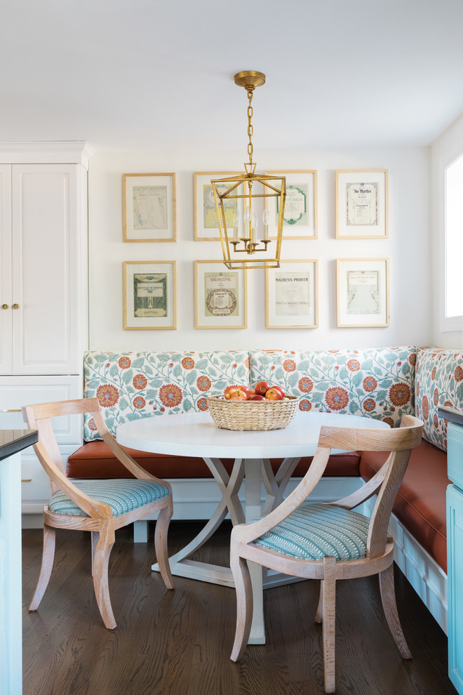 Kitchen/dining room combo - mid-sized transitional dark wood floor and brown floor kitchen/dining room combo idea in Boston with white walls and no fireplace