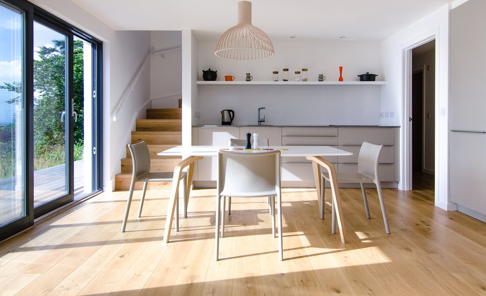 Exempel på ett litet modernt kök med matplats, med vita väggar och ljust trägolv