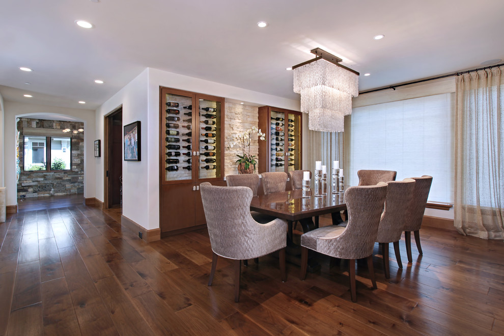 Medium sized contemporary open plan dining room in Orange County with white walls, medium hardwood flooring and no fireplace.