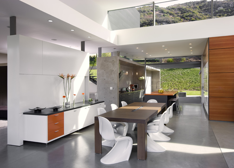 Idee per una grande sala da pranzo aperta verso la cucina moderna con pavimento in cemento e pareti bianche