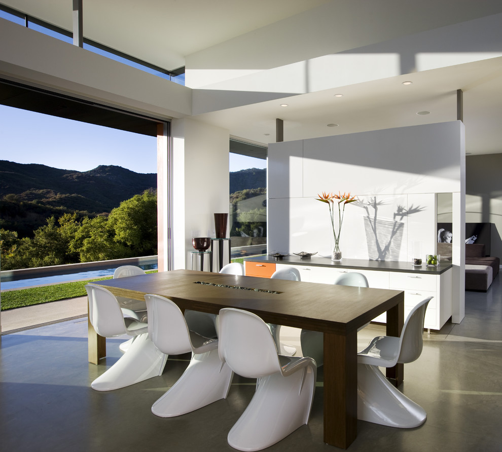Идея дизайна: гостиная-столовая среднего размера в стиле модернизм с бетонным полом и белыми стенами