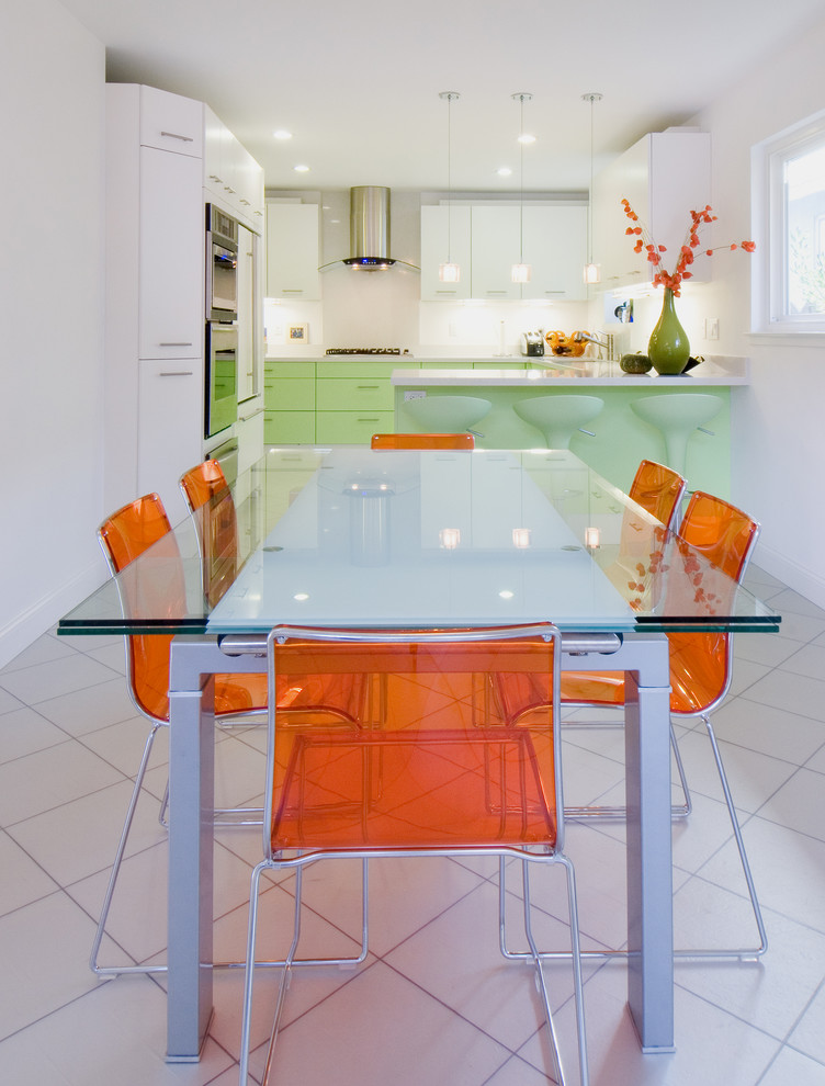 Inspiration for a mid-sized contemporary ceramic tile and white floor kitchen/dining room combo remodel in San Francisco with white walls and no fireplace