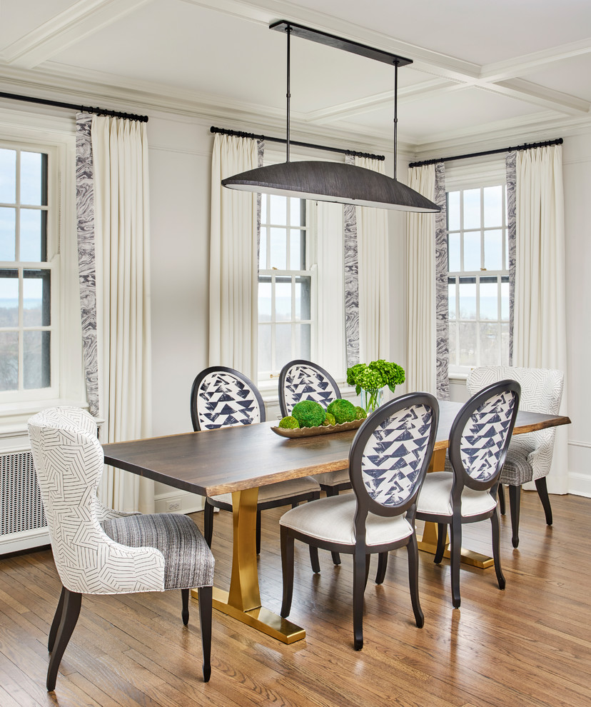 Photo of a classic dining room in Chicago with grey walls, medium hardwood flooring and brown floors.