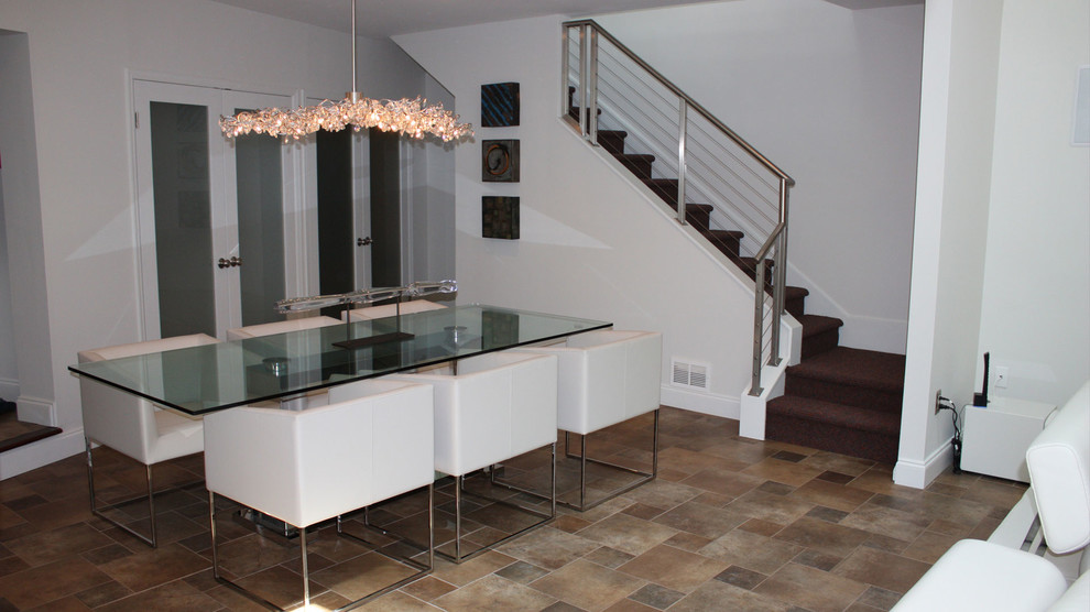 Photo of a large modern open plan dining room in Atlanta with white walls and ceramic flooring.