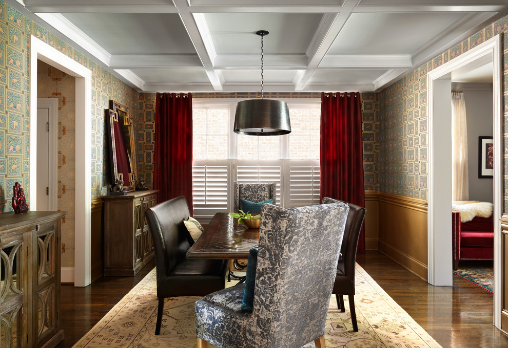 Inspiration for a classic enclosed dining room in Nashville with multi-coloured walls, dark hardwood flooring and brown floors.