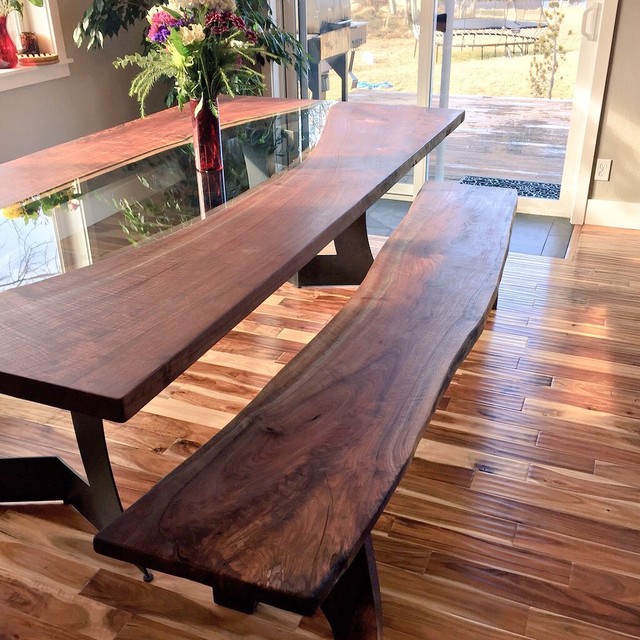 Live Edge Walnut Dining Table and Bench Traditional Dining Room