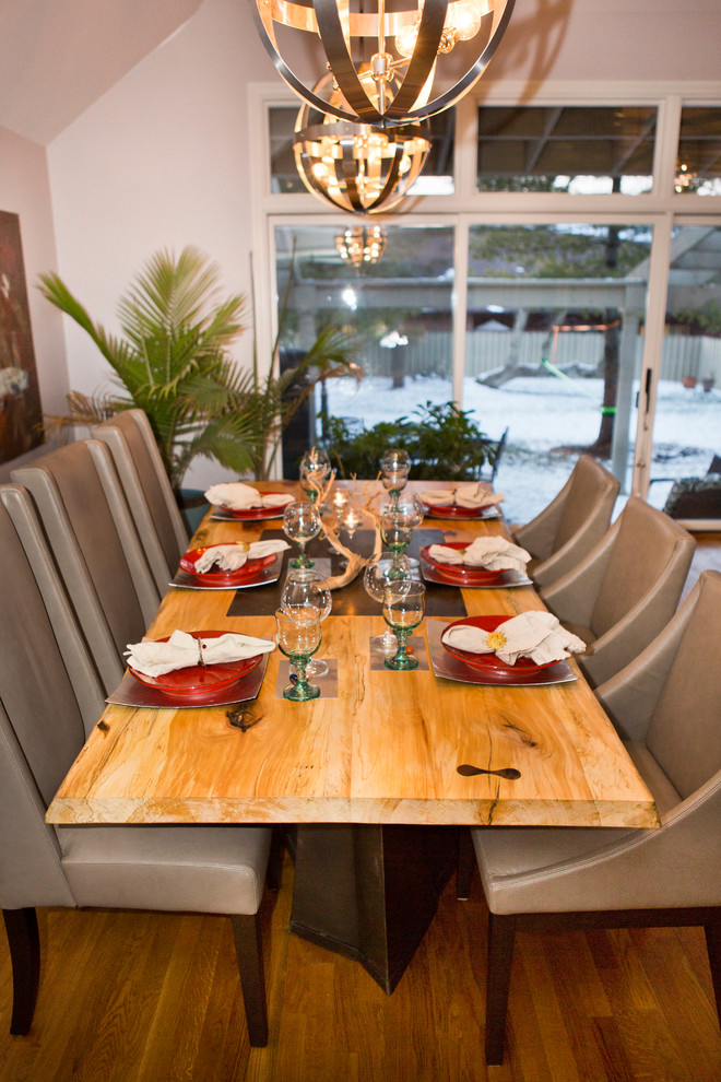 Live Edge Wood Slab Dining Table with Faceted Metal Base Modern