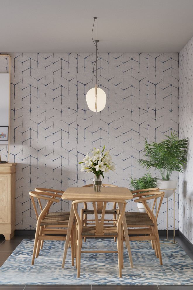 Idee per una sala da pranzo aperta verso la cucina scandinava di medie dimensioni con pareti blu, pavimento con piastrelle in ceramica e pavimento nero
