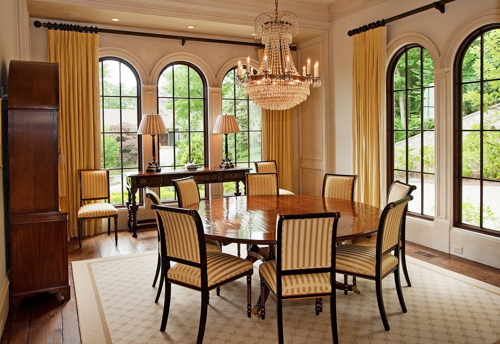 Design ideas for a classic dining room in Nashville with white walls and dark hardwood flooring.