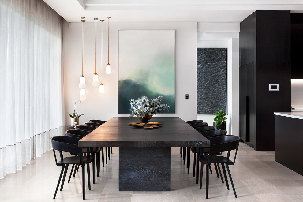 Свежая идея для дизайна: гостиная-столовая в стиле модернизм с серыми стенами и серым полом - отличное фото интерьера