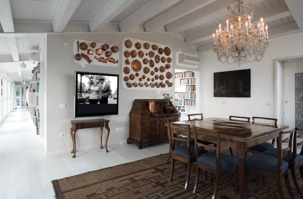 Esempio di una sala da pranzo chic con pareti bianche e pavimento in legno verniciato