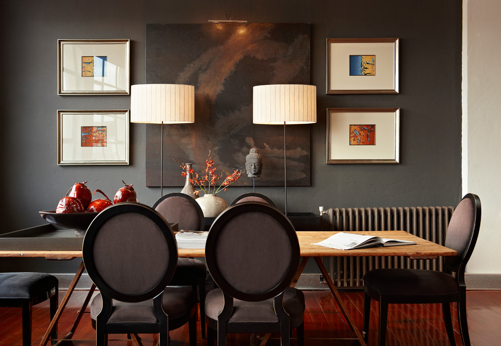 Example of a large trendy medium tone wood floor kitchen/dining room combo design in Melbourne with gray walls and no fireplace