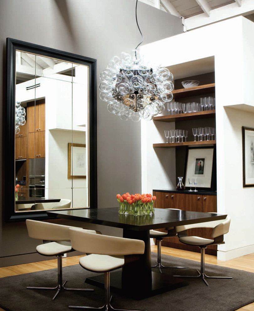 Dining room - contemporary light wood floor dining room idea in Atlanta with gray walls
