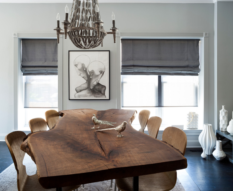 Example of a mid-sized transitional dining room design in DC Metro with gray walls