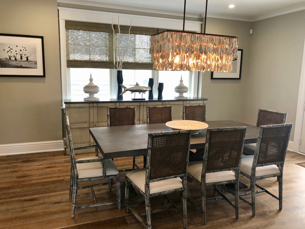 Dining room - coastal medium tone wood floor dining room idea in Philadelphia with gray walls