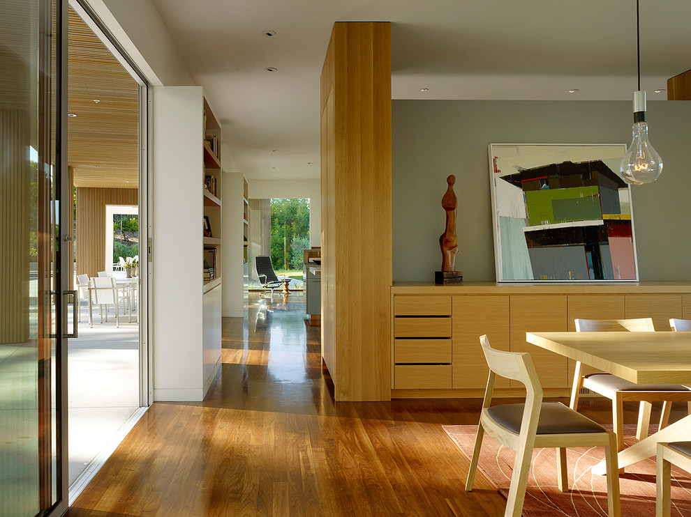 Foto di una sala da pranzo moderna di medie dimensioni con pareti verdi e pavimento in legno massello medio
