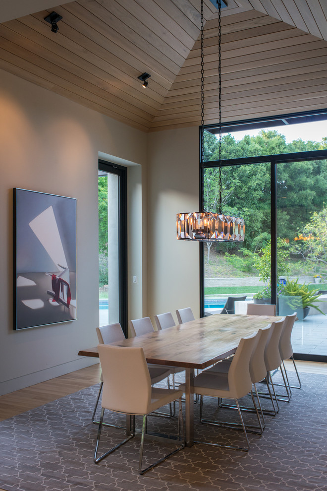 Photo of a large contemporary enclosed dining room in San Francisco with white walls, light hardwood flooring and no fireplace.