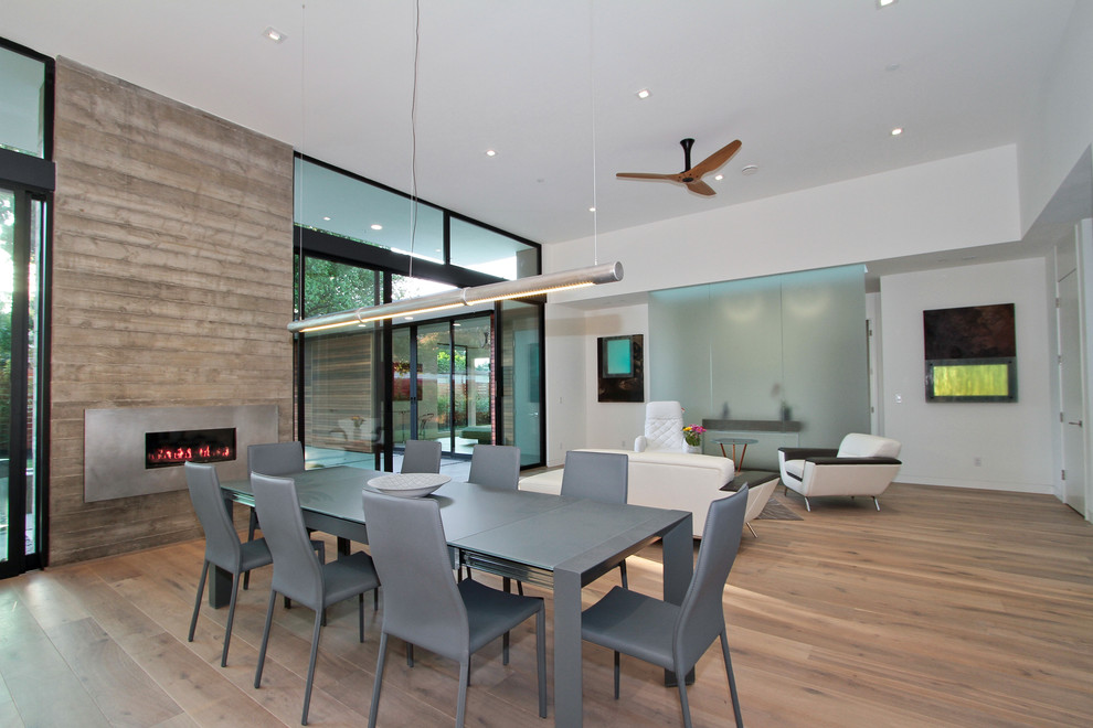 Cette image montre une salle à manger minimaliste avec un mur blanc, un sol en bois brun, une cheminée ribbon et un manteau de cheminée en métal.